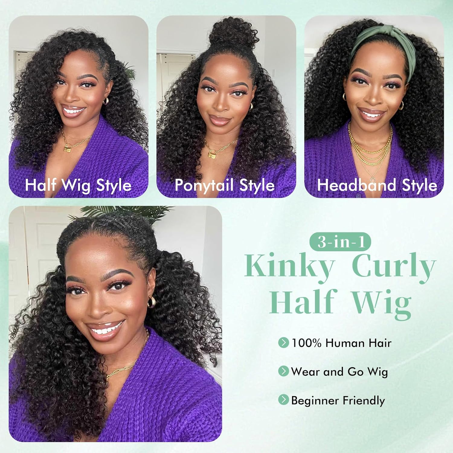 Thumbnail 4 de NICMISS Half Wig brésilienne Kinky Curly en cheveux humains 3-en-1 sans colle, 180% densité, 18 pouces
