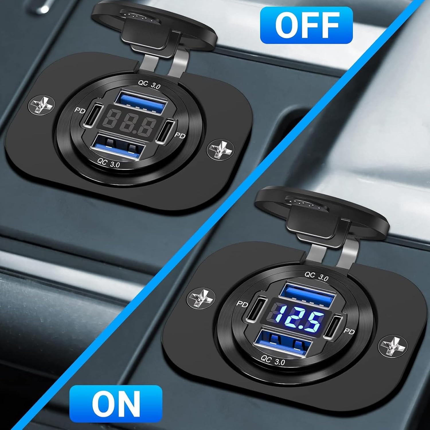 Detalle de Upgraded 12V USB Socket 4-in-1 Car Charger with QC3.0 and PD Ports, Aluminium, Voltmeter