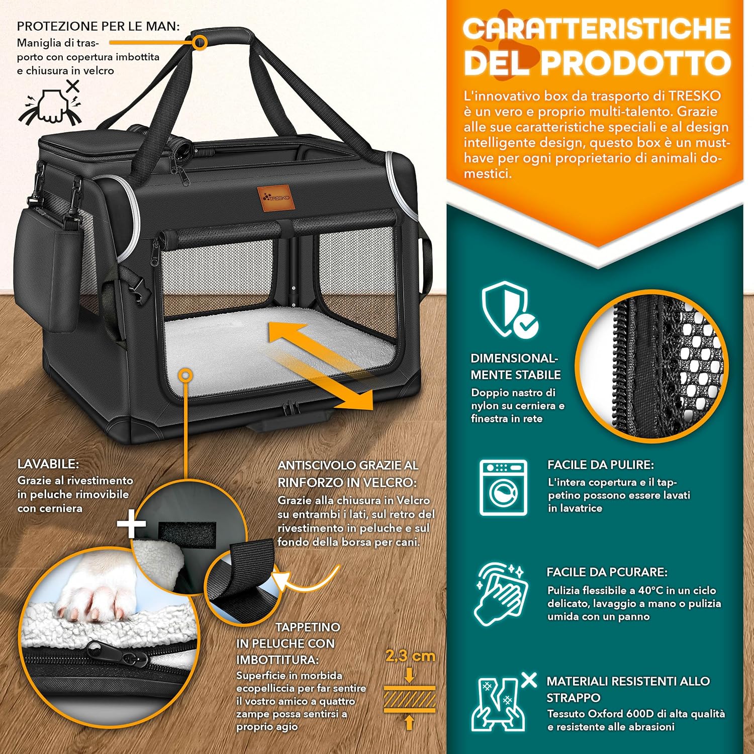 Detalle de TRESKO® Box per cani pieghevole con tappetino e spatola: trasportino robusto per cani e gatti di tutte le taglie (M, 61 x 42 x 42 cm) – nero