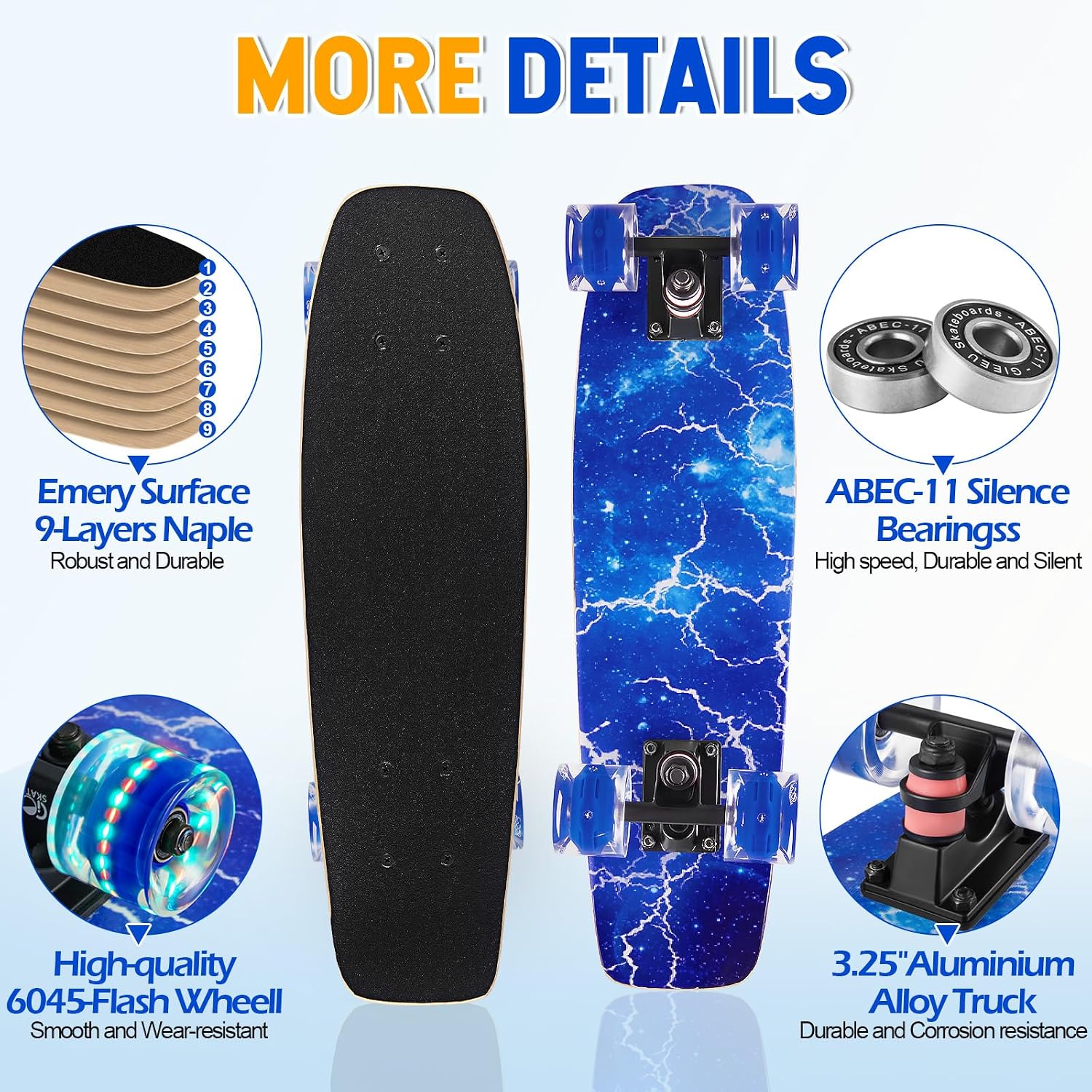 Thumbnail 3 de GIEEU 9-Ply Canadian Maple Skateboard with Colourful Flashing Wheels (Complete deck)