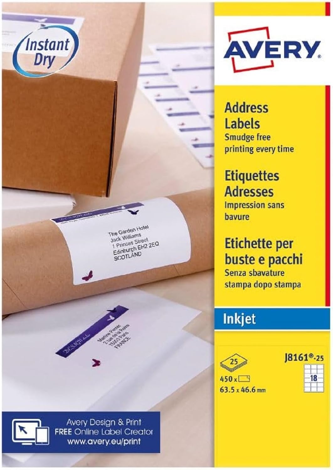 Avery J8161-25 Smudge Free Printable Address Labels (QuickDry) – White, 63.5 x 46.6 mm
