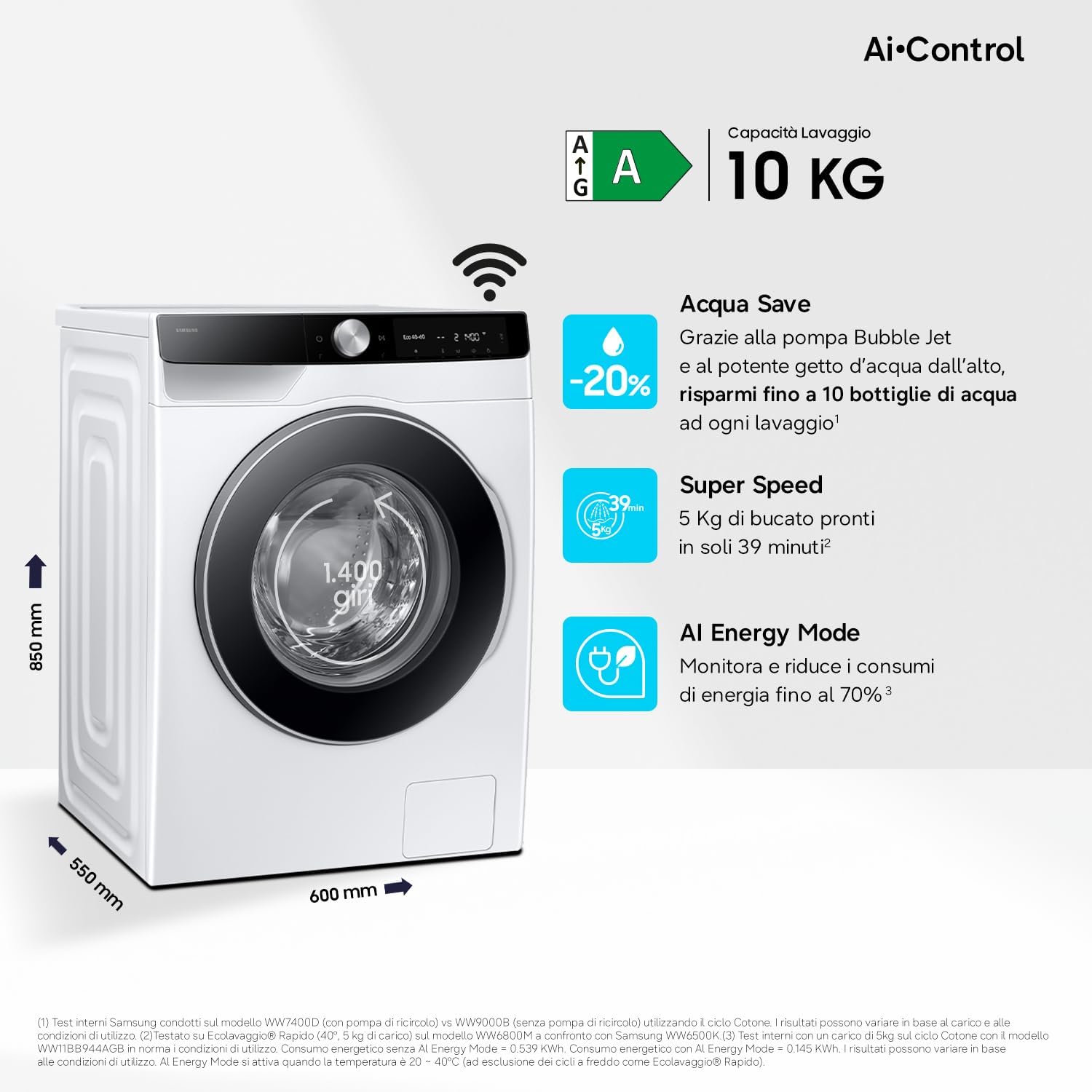 Detalle de Samsung Lavatrice AI Control WW10FG6U34LK/U3: 10 kg, AI Energy Mode e EcoBubble, lavaggio a vapore e connessa Wi-Fi