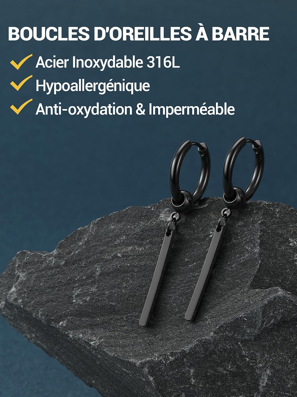 Detalle 2 de PROSTEEL Boucles d’oreilles homme créoles 12 mm avec pendants barres en acier inoxydable 316L et placage noir