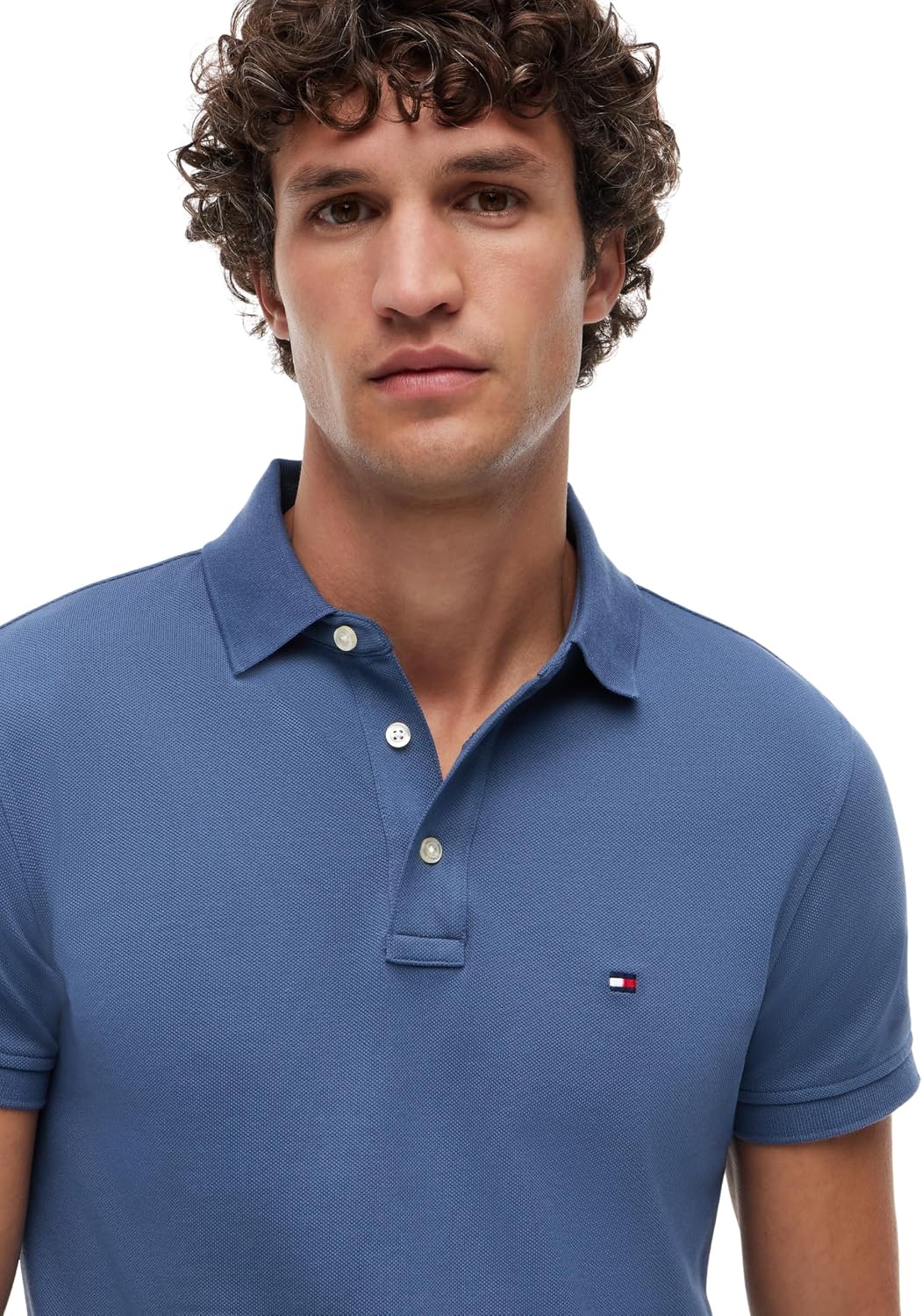 Detalle de Tommy Hilfiger Uomo Maglietta Polo Maniche Corte Slim Fit con Bottoni Blu Aegean Sea, Taglia L