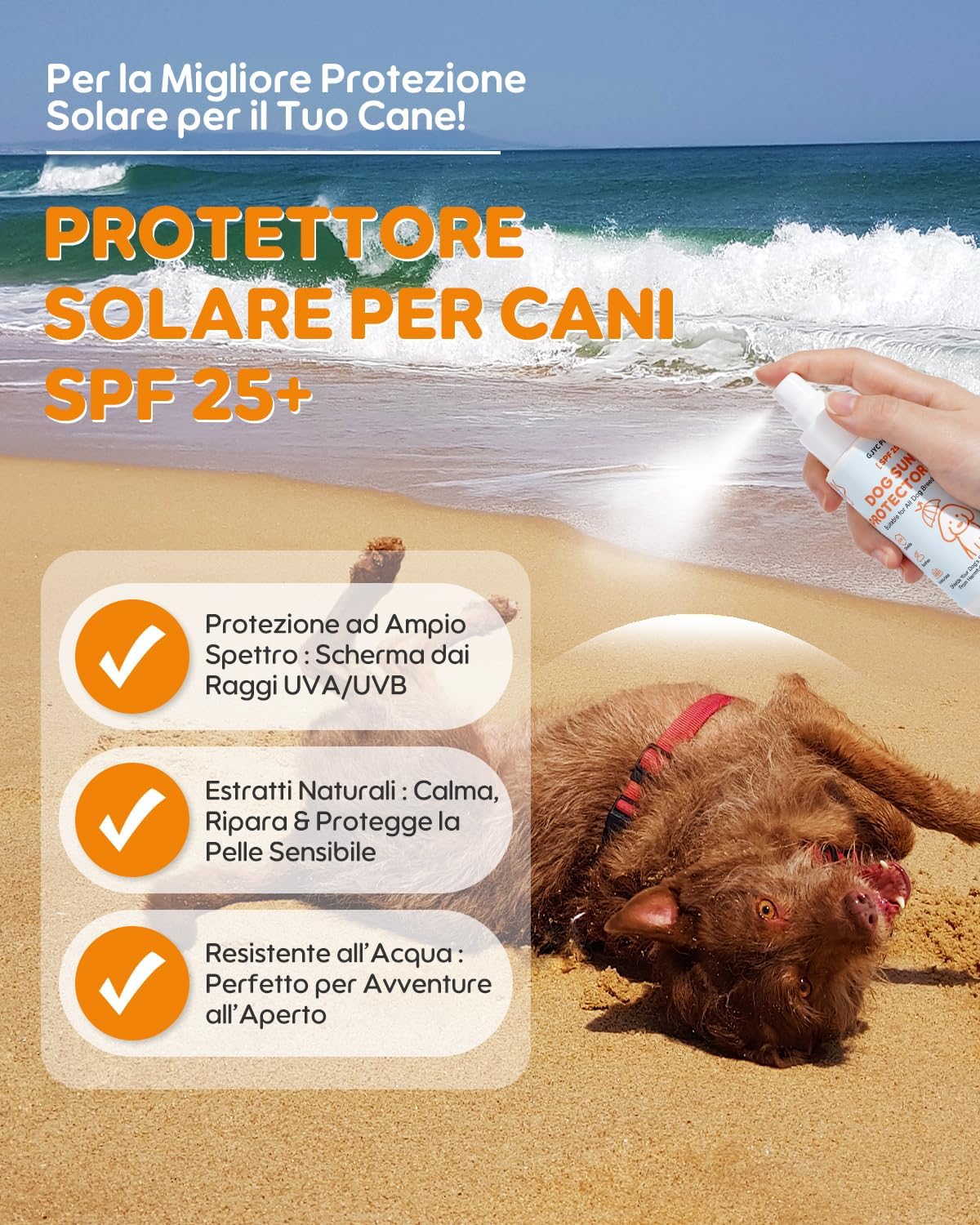 Detalle de Protezione solare per cani – Spray solare 3-in-1 (Protegge, lenisce & idrata) | Trasparente, asciugatura rapida e resistente all’acqua