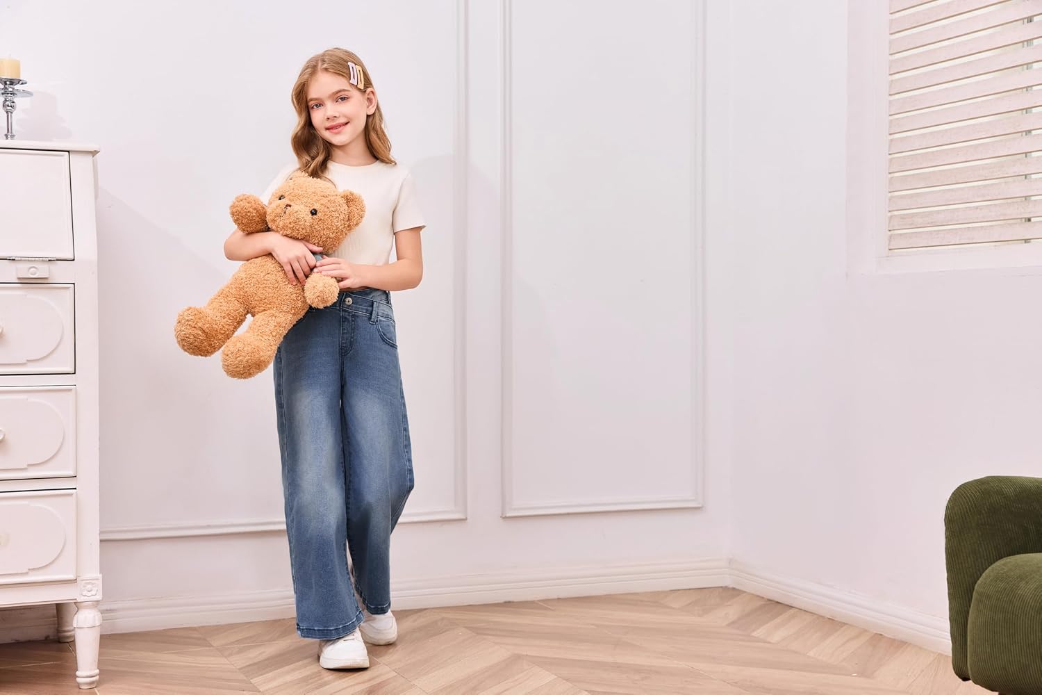 Thumbnail 4 de Haloumoning uitlopende jeansbroek voor meisjes met hoge taille en wijde pijpen