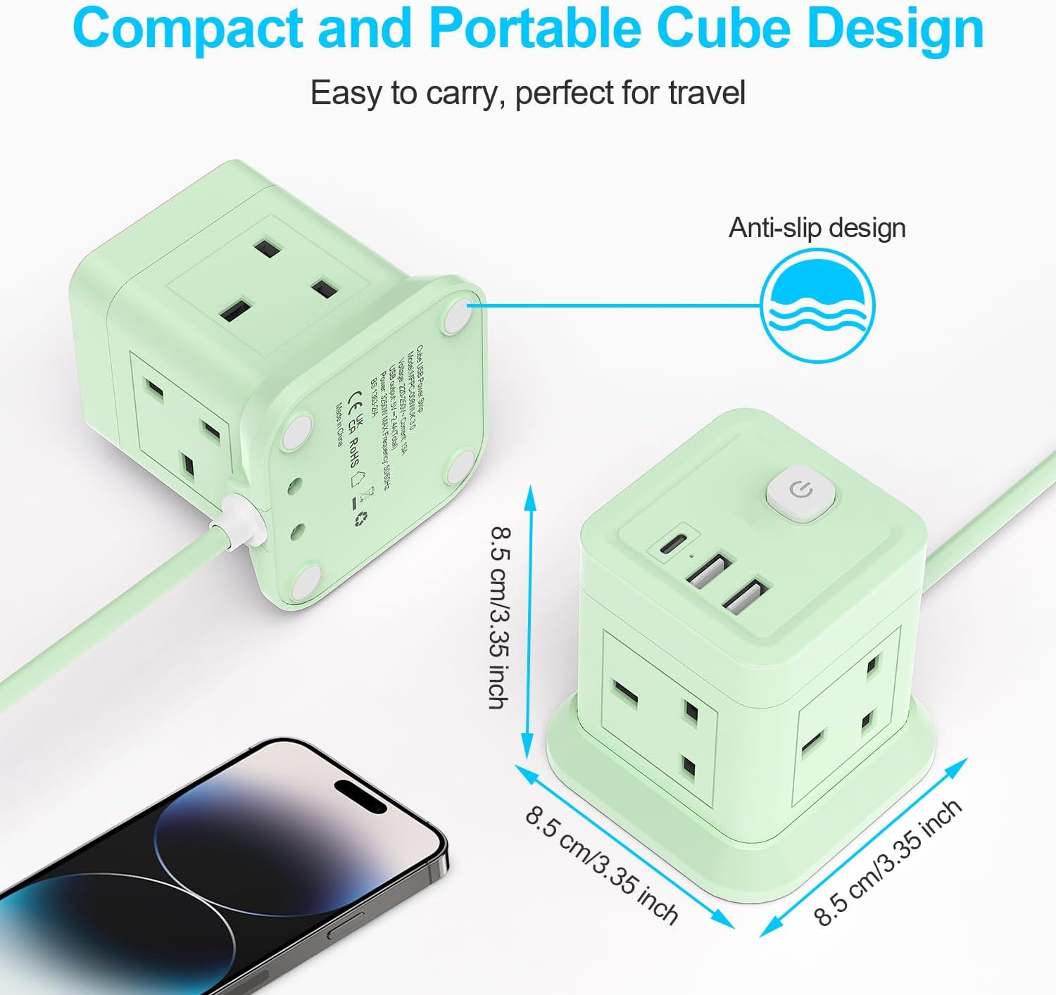 Detalle de 3M Extension Lead Cube With USB – 4 AC Outlets, 3 USB Ports and 3m Extension Cable