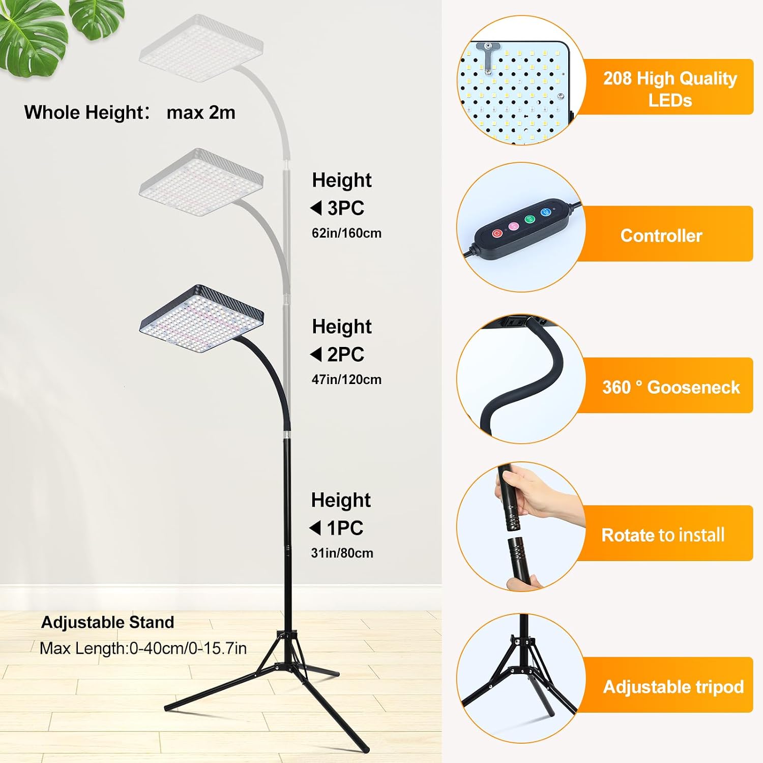 Detalle 2 de FECiDA Zinqolay Standing Grow Light, Adjustable 24–76" Stand, 5-Mode Timer