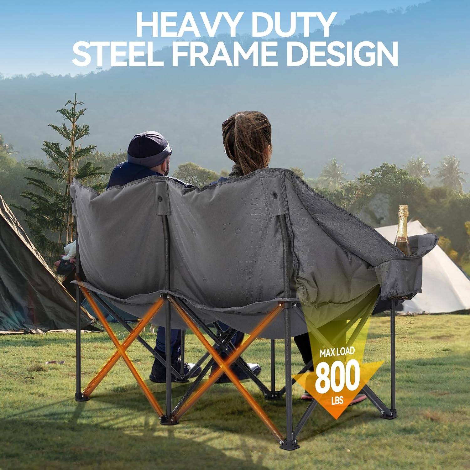 Thumbnail 3 de Huskfirm Double Camping Chair Padded 2-Person Camping Loveseat with Cup Holders (Grey)