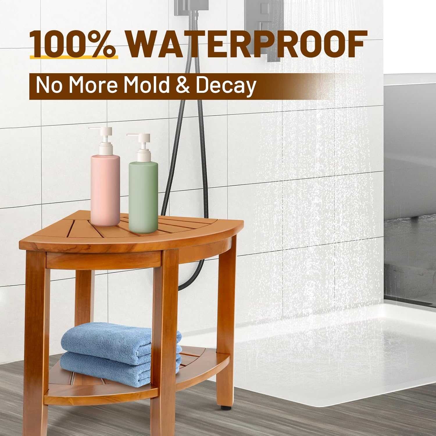 Detalle de MRTEAK 18" Premium Teak Corner Shower Bench with Shelf