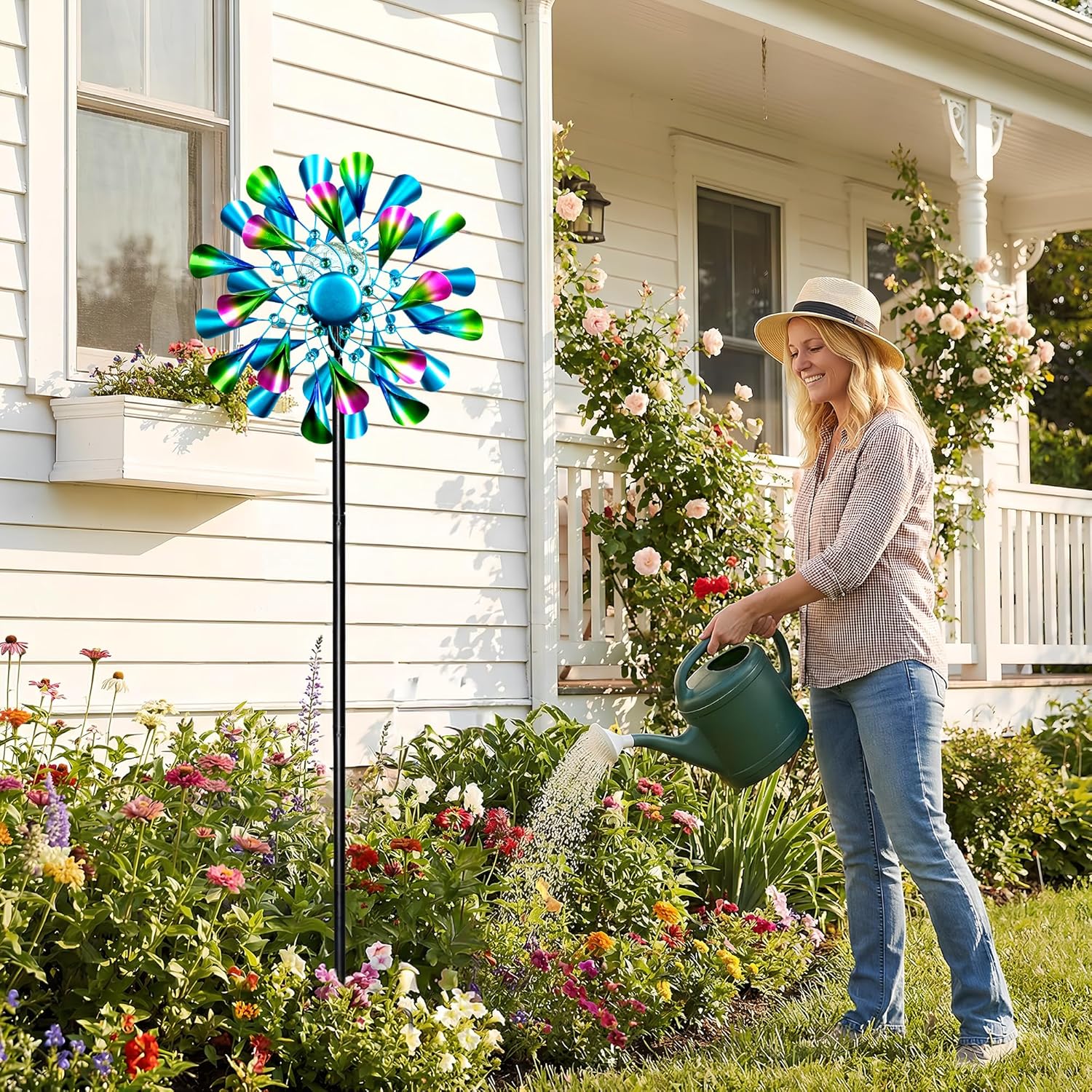 Detalle de Solar Wind Spinner Outdoor Metal – Peacock Kinetic Garden Sculpture with Color-Changing LED Lights