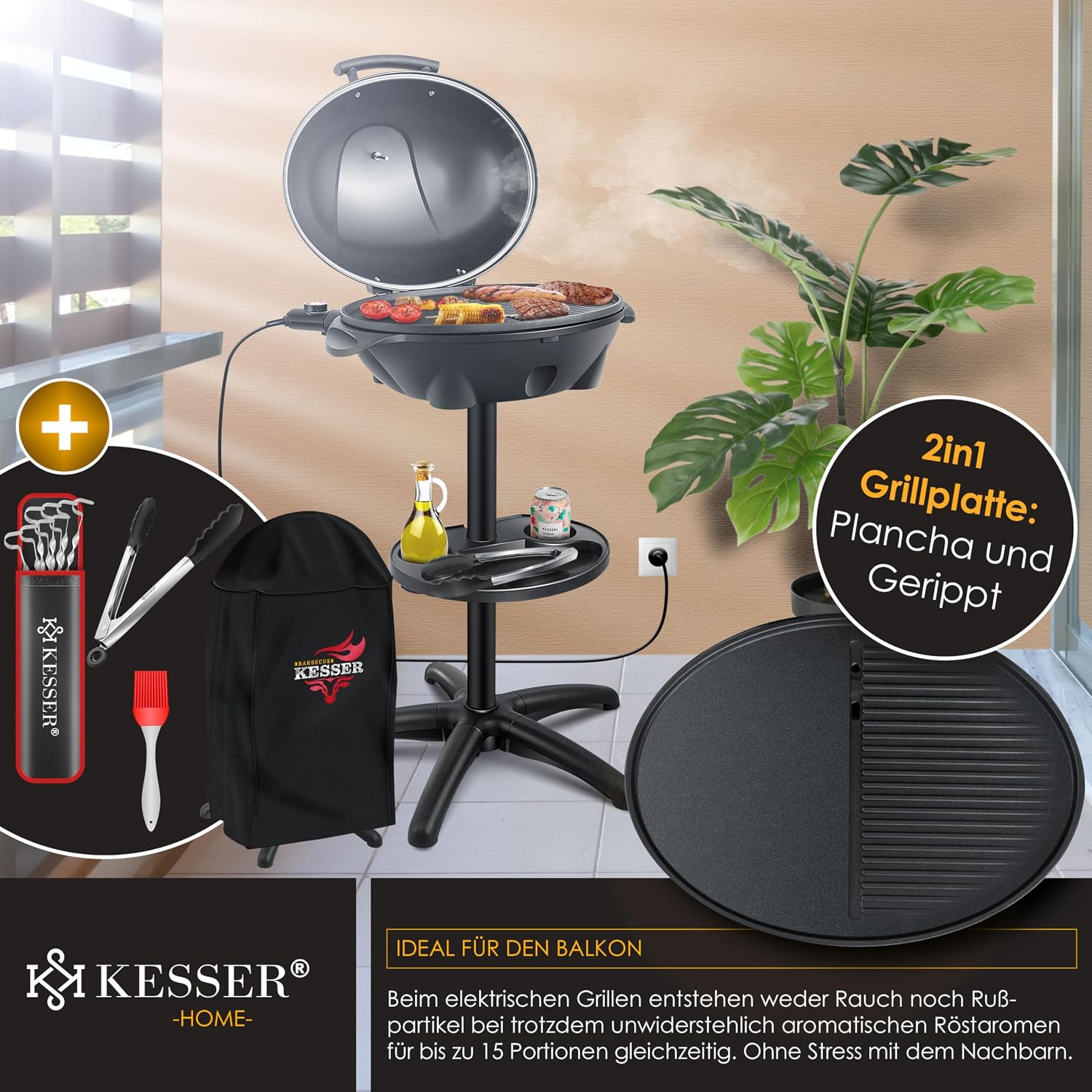 Detalle de KESSER® Elektrogrill 2in1 Tisch- & Standgrill mit Deckel (2.400 W), XXL Antihaft-Grillplatte