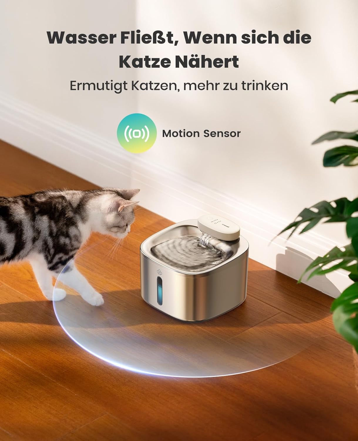 Detalle 2 de oneisall Katzenbrunnen Kabellos 3.5L – Edelstahl, 5000mAh, Bewegungsmelder, leise Pumpe