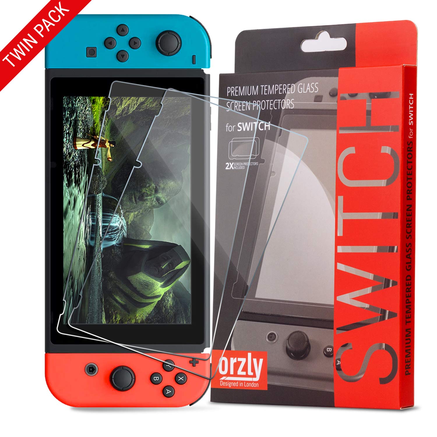 Detalle de Orzly Premium Tempered Glass Screen Protectors Twin Pack for Nintendo Switch (0.24mm, 2-Pack)