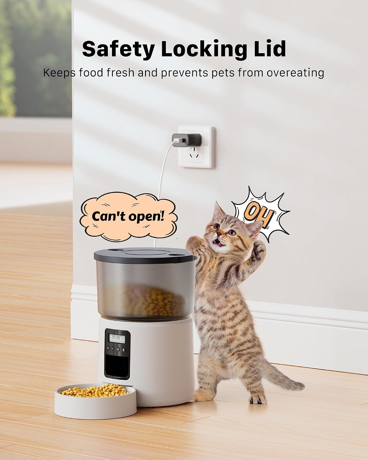 Detalle de BEMOONY Automatic Cat Feeder (3L) with 1–6 meal schedule, 10s voice and dual power