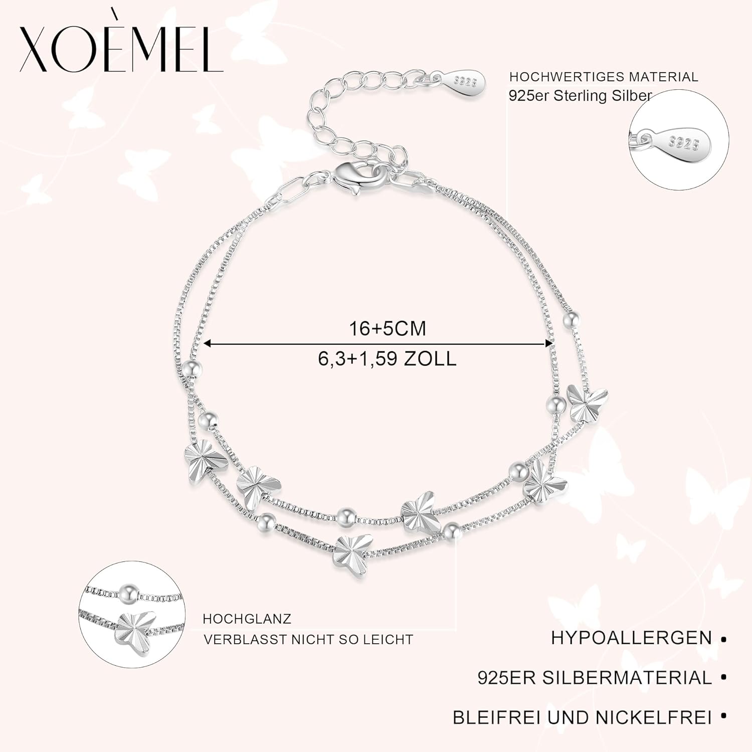 Thumbnail 3 de XOEMEL Bracelet en argent 925 pour femme – Papillon, or rose, perles et longueur réglable 43 cm