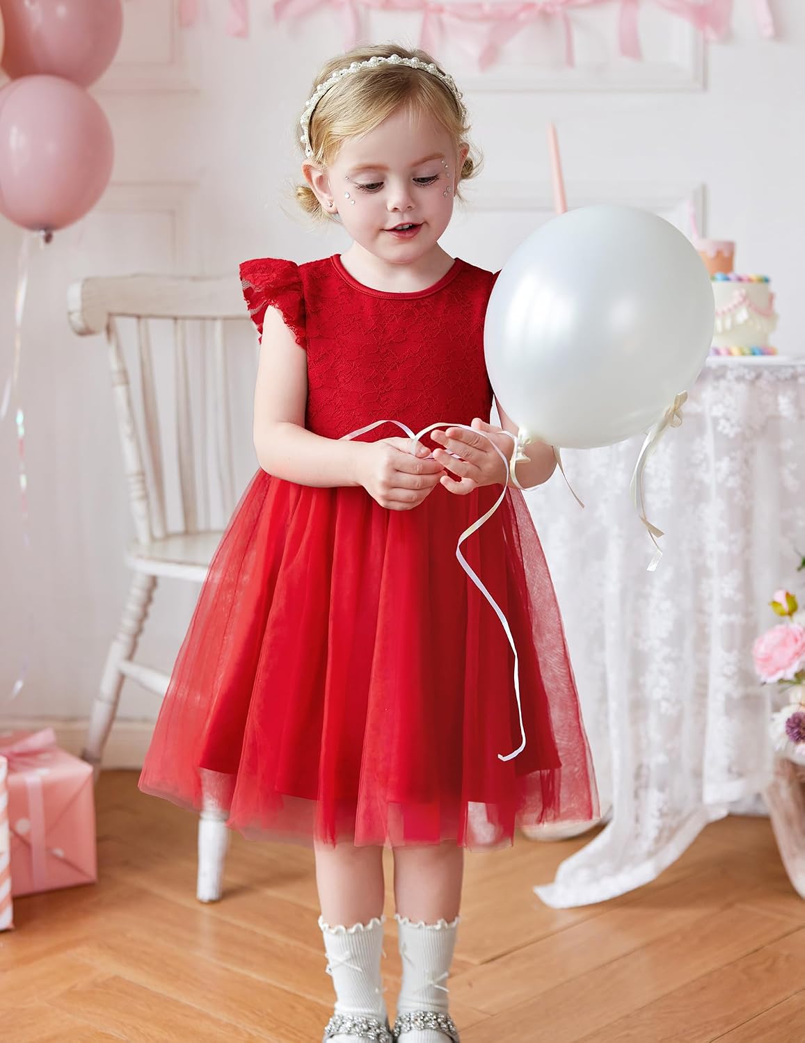 Thumbnail 1 de Arshiner Toddler Lace Dress with Ruffle Sleeves, 3 Layers and Stretch Fabric