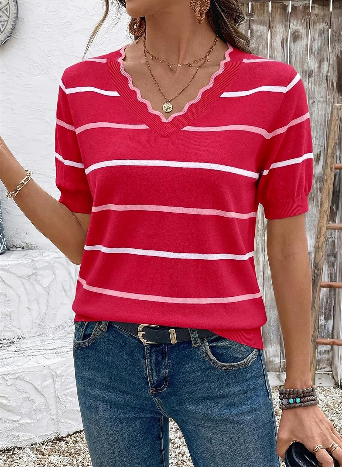 Detalle 2 de Dokotoo Womens Summer Short Sleeve Knit Tops – V-Neck Striped Casual Blouse