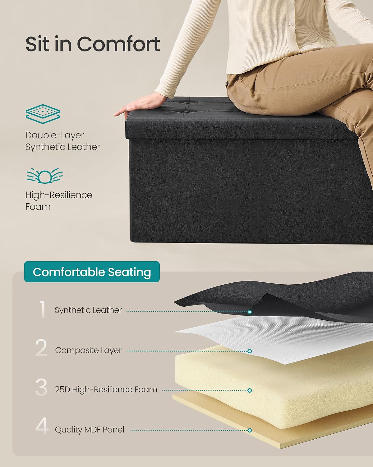 Detalle 2 de SONGMICS Storage Ottoman Bench 30 Inches