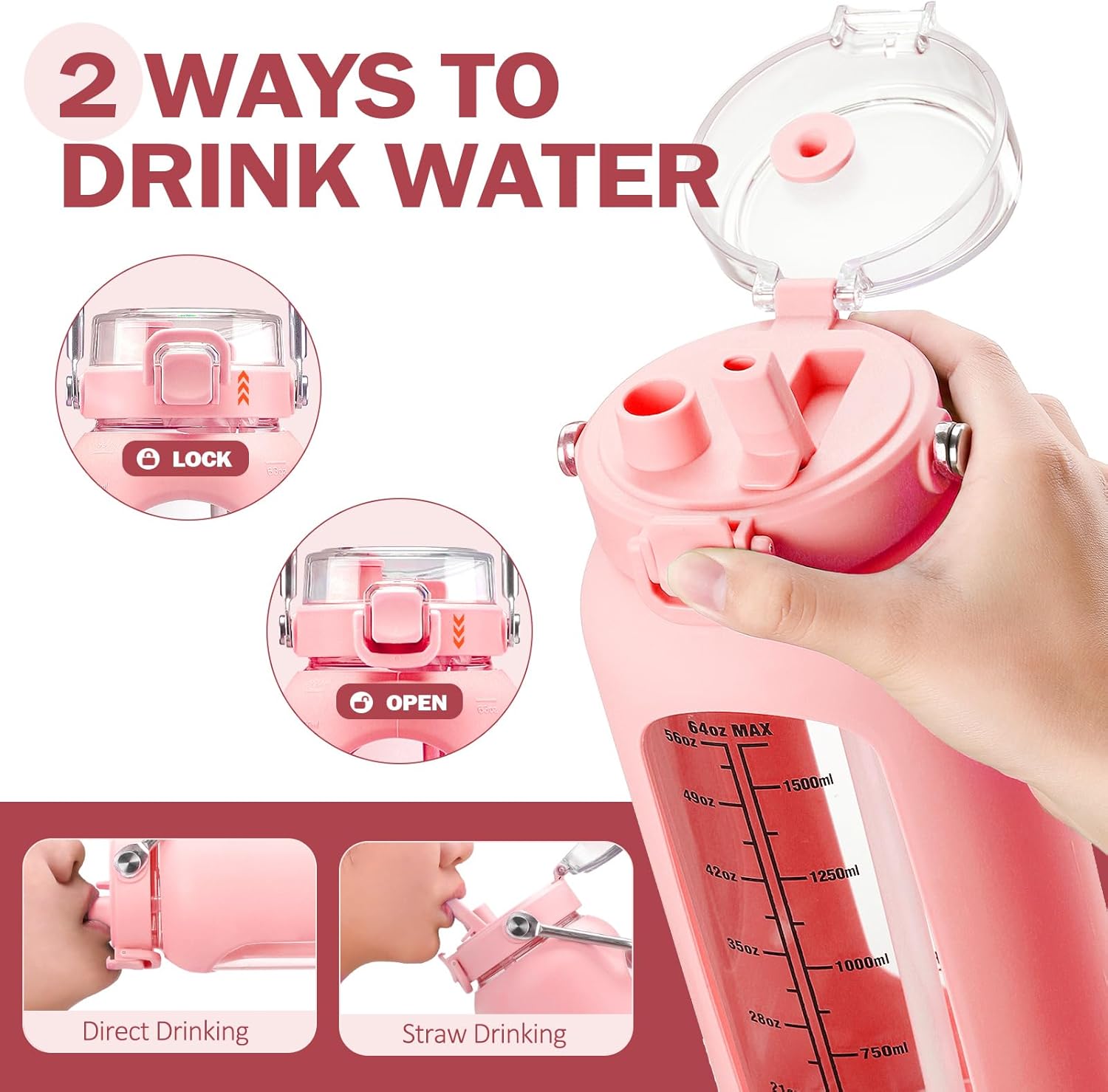 Thumbnail 4 de BLUEGO 2000ml Borosilicate Glass Water Bottle with Stainless Handle, Time Marker and Straw (Pink)