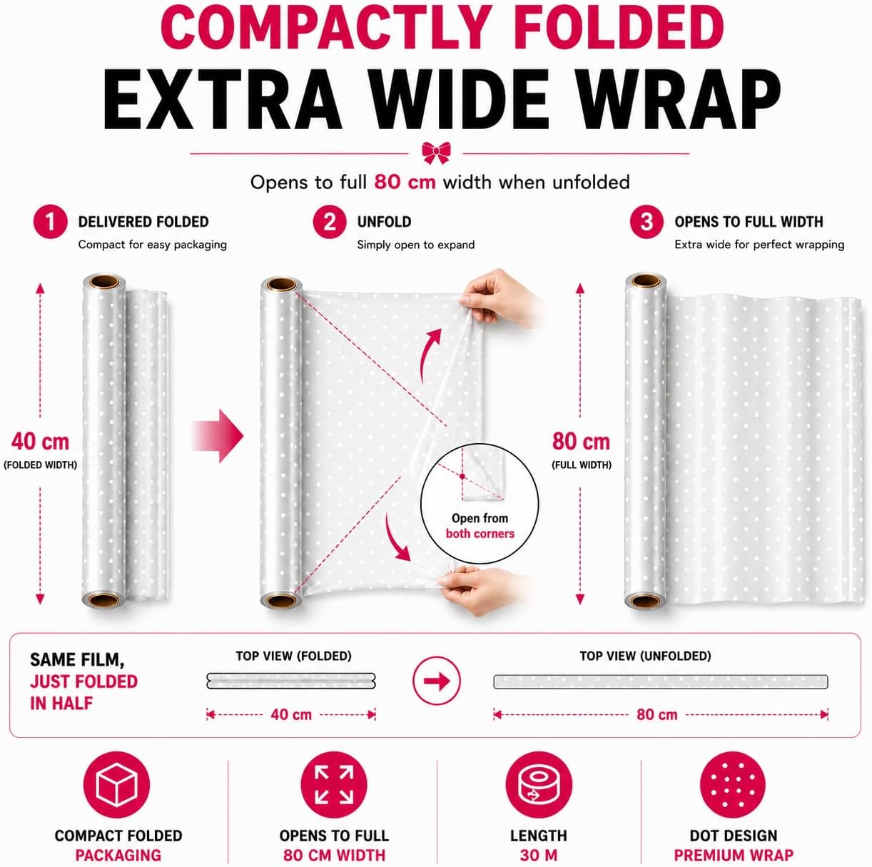 Detalle de HURUC Dotted Cellophane Wrap Roll 80cm x 30m – Extra Wide Gift Wrap with Bows, Ribbons and Gift Tags