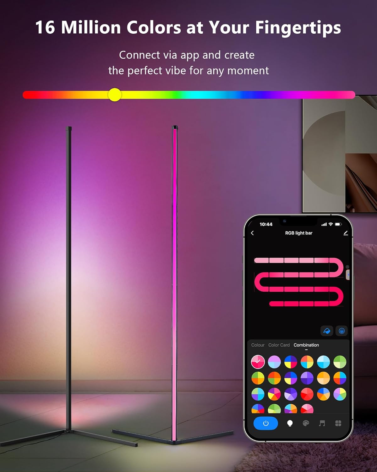 Detalle de LuminexDesigns 2-Pack LED Corner Floor Lamp – Smart RGBIC, 150cm, Black