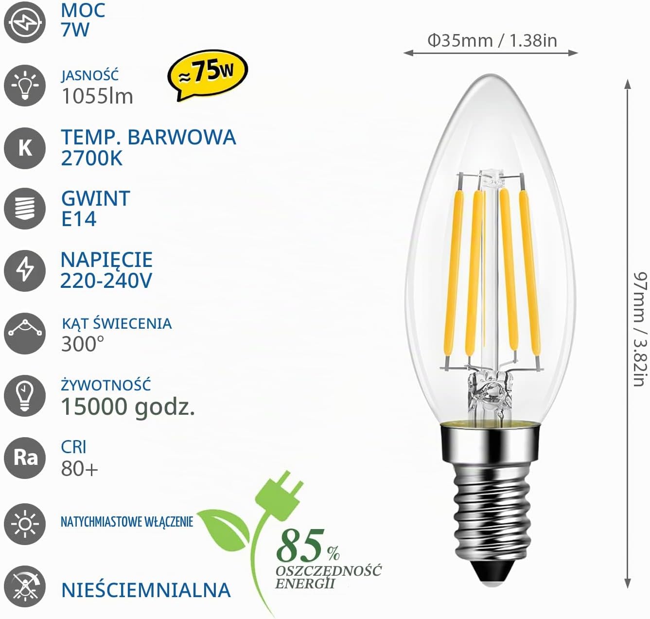Detalle de LVWIT E14 C35 – żarówka LED 7 W, 1055 lm, ciepła biel 2700 K