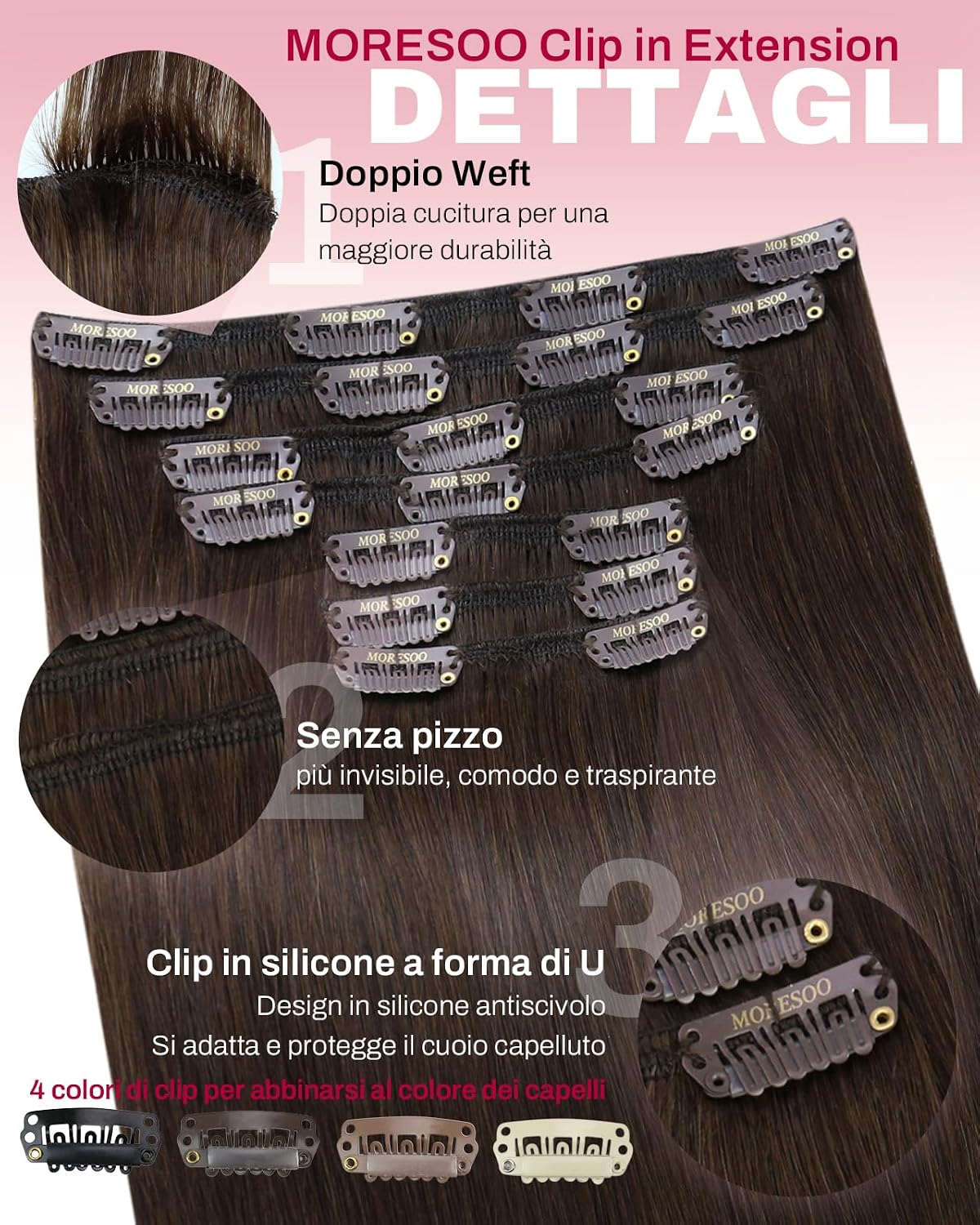 Detalle de Moresoo Extension Capelli Veri Clip 150g Cioccolato Marrone #4 55 cm – 7pz