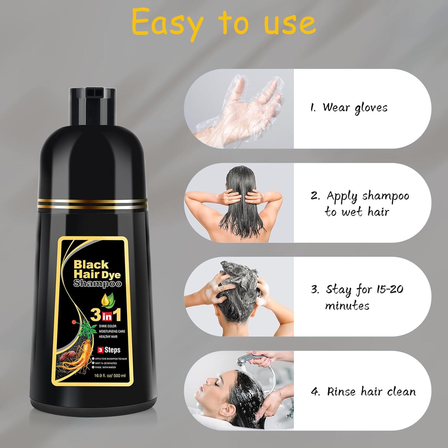 Detalle 2 de Bablabear Haarfarbe Shampoo Schwarz 3-in-1 – Graues Haar deckend, 500 ml