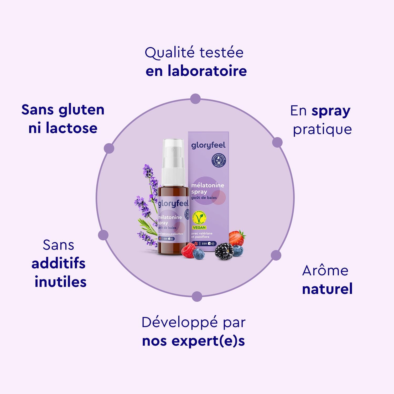 Thumbnail 6 de Gloryfeel Spray Mélatonine Baies Premium (1 mg) avec B1 & B6, lavande, valériane et passiflore – sans alcool, sans sucre, vegan