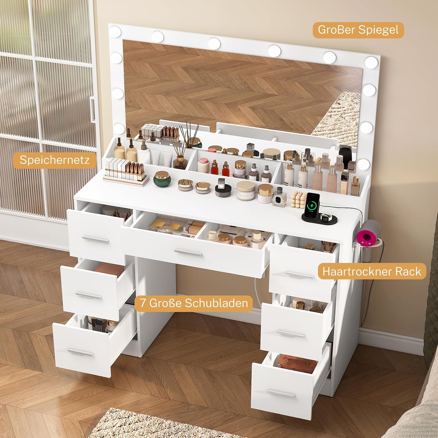 Detalle de TEENFON ENSTA020WDN-ZF Dressing Table with LED Mirror, 7 Drawers and Charging Station