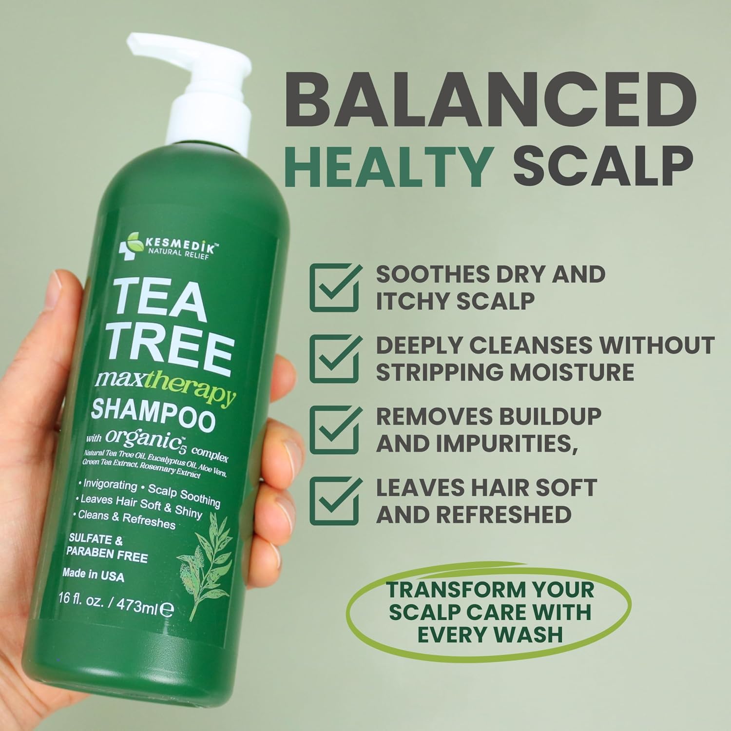 Detalle de KESMEDIK Tea Tree Oil Shampoo MaxTherapy (16 fl oz) — Clarifying, sulfate-free relief for itchy scalp