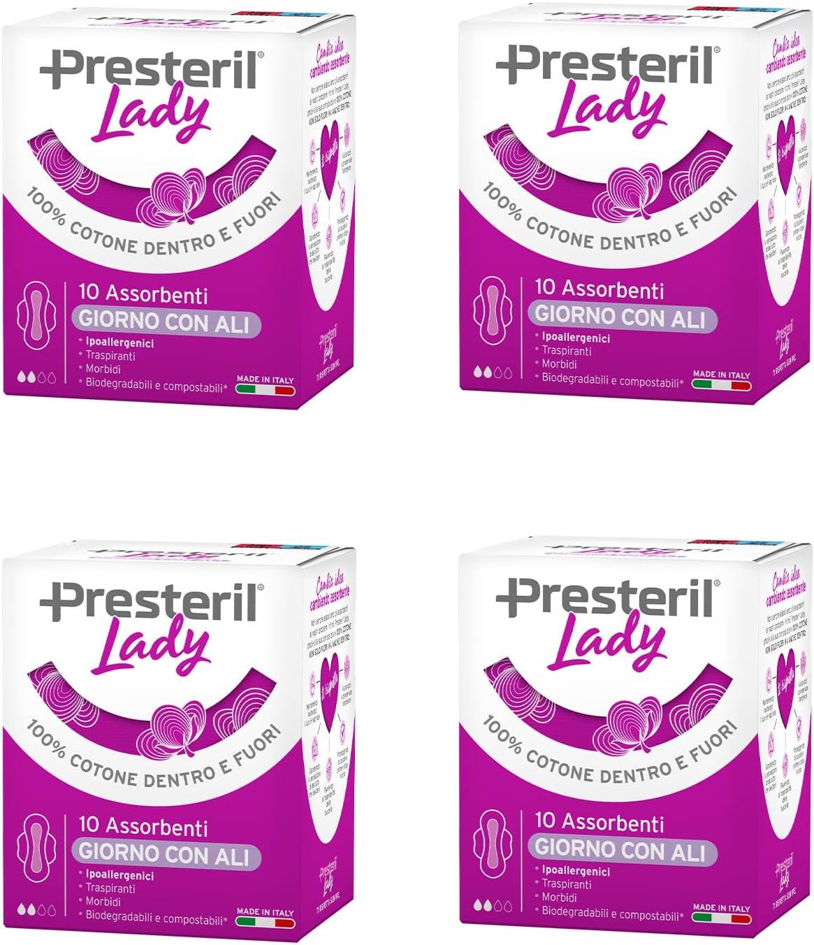 Presteril Lady Assorbenti Esterni Giorno con Ali in Cotone 100% Biodegradabile – 4 confezioni da 10