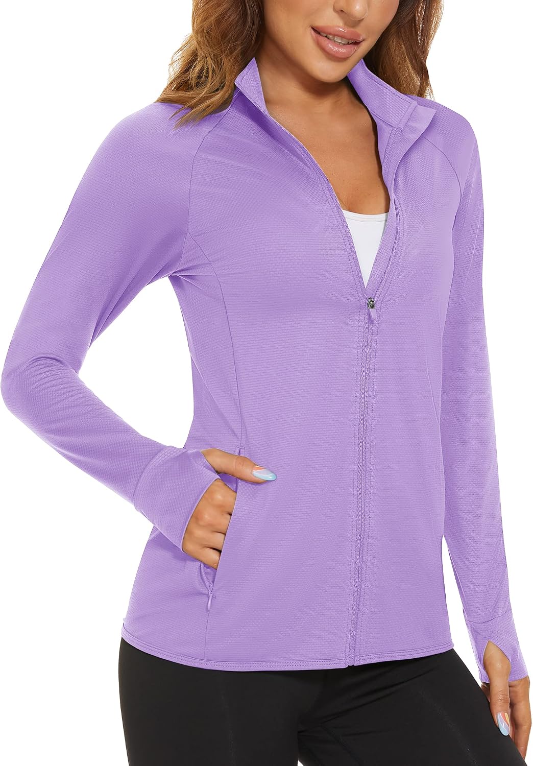 Detalle de MAGCOMSEN Women's UPF 50+ Zip-Up Athletic Jacket with Thumb Holes