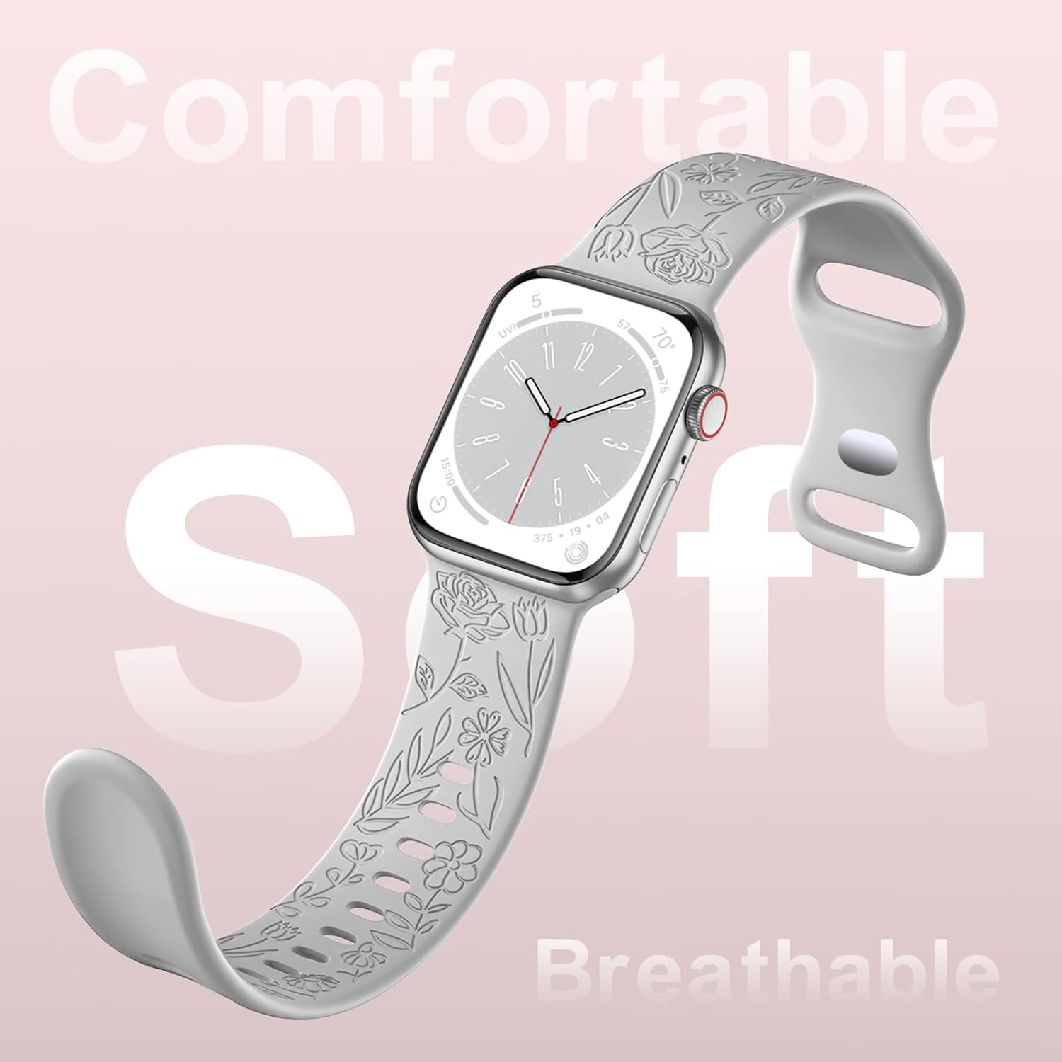 Detalle de Mastten Floral Engraved Silicone Strap for Apple Watch (44–49mm): Rose Garden Style