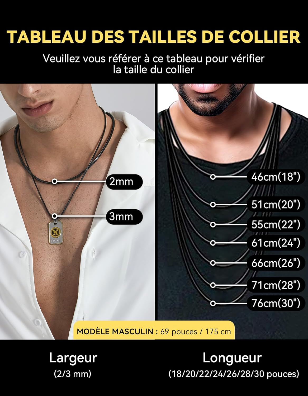 Thumbnail 5 de Collier Cordon Cuir ChainsHouse noir – cuir encerclé, fermoir acier inoxydable, longueur 40–75 cm
