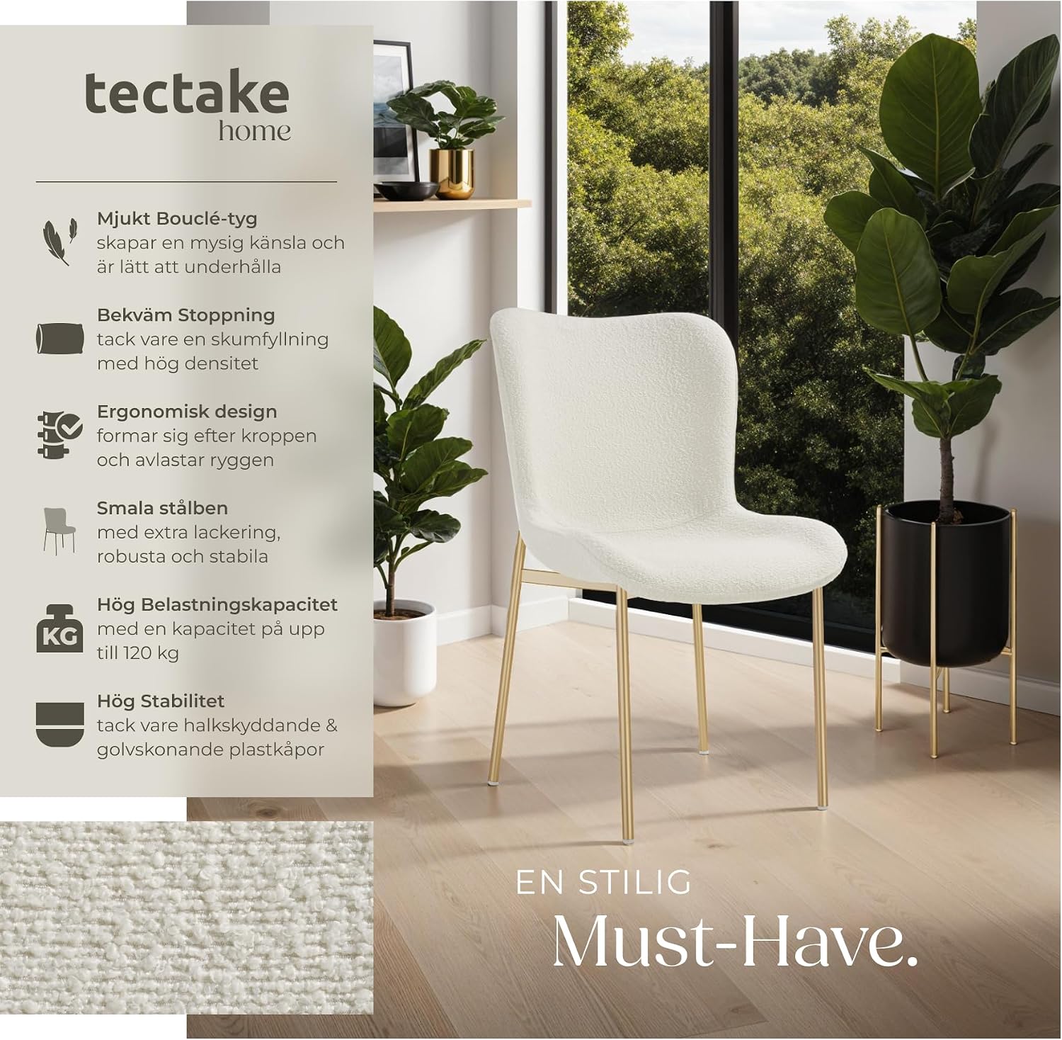 Detalle 2 de tectake Tessa 405216 matstol i bouclé med guldfärgade stålben