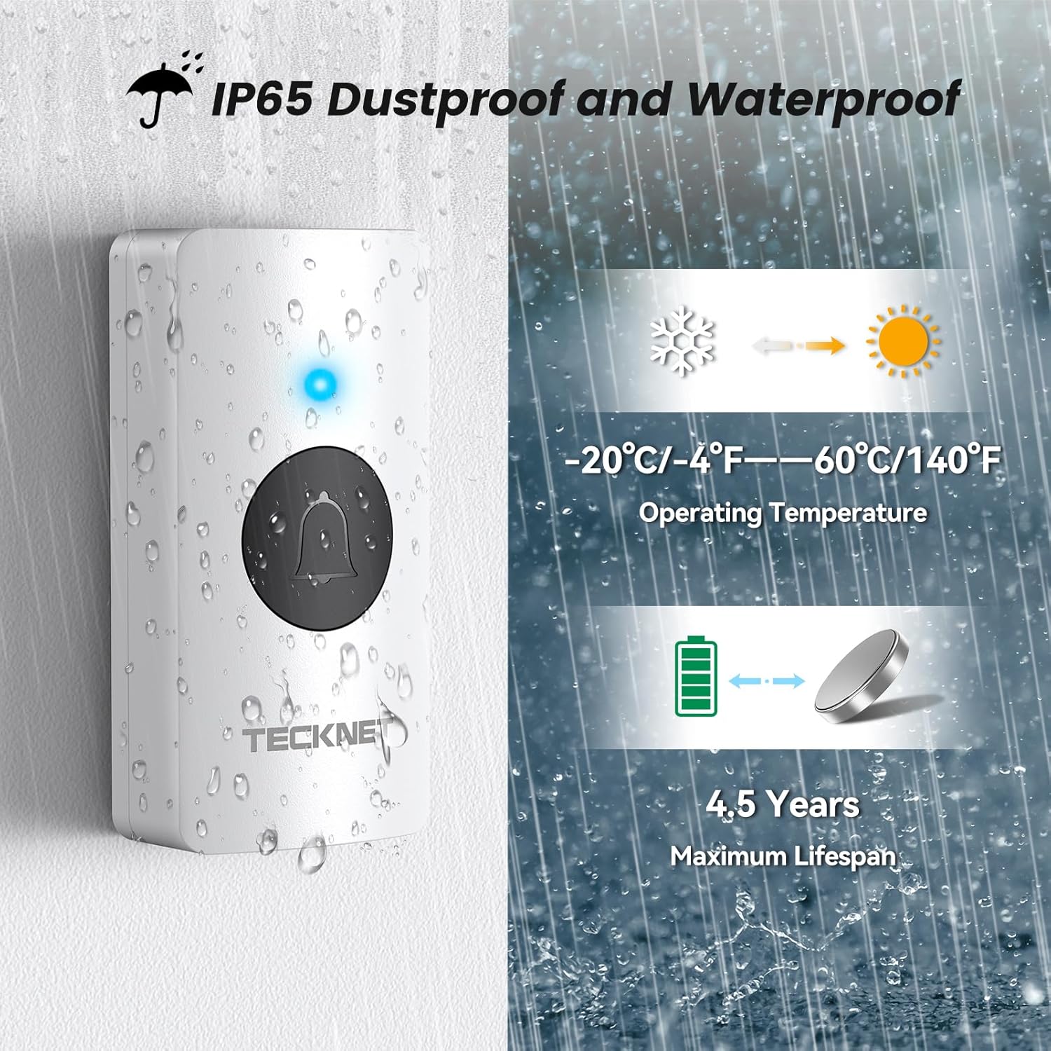 Thumbnail 3 de TECKNET Wireless Doorbell with 3 Receivers 1312 ft 🚪