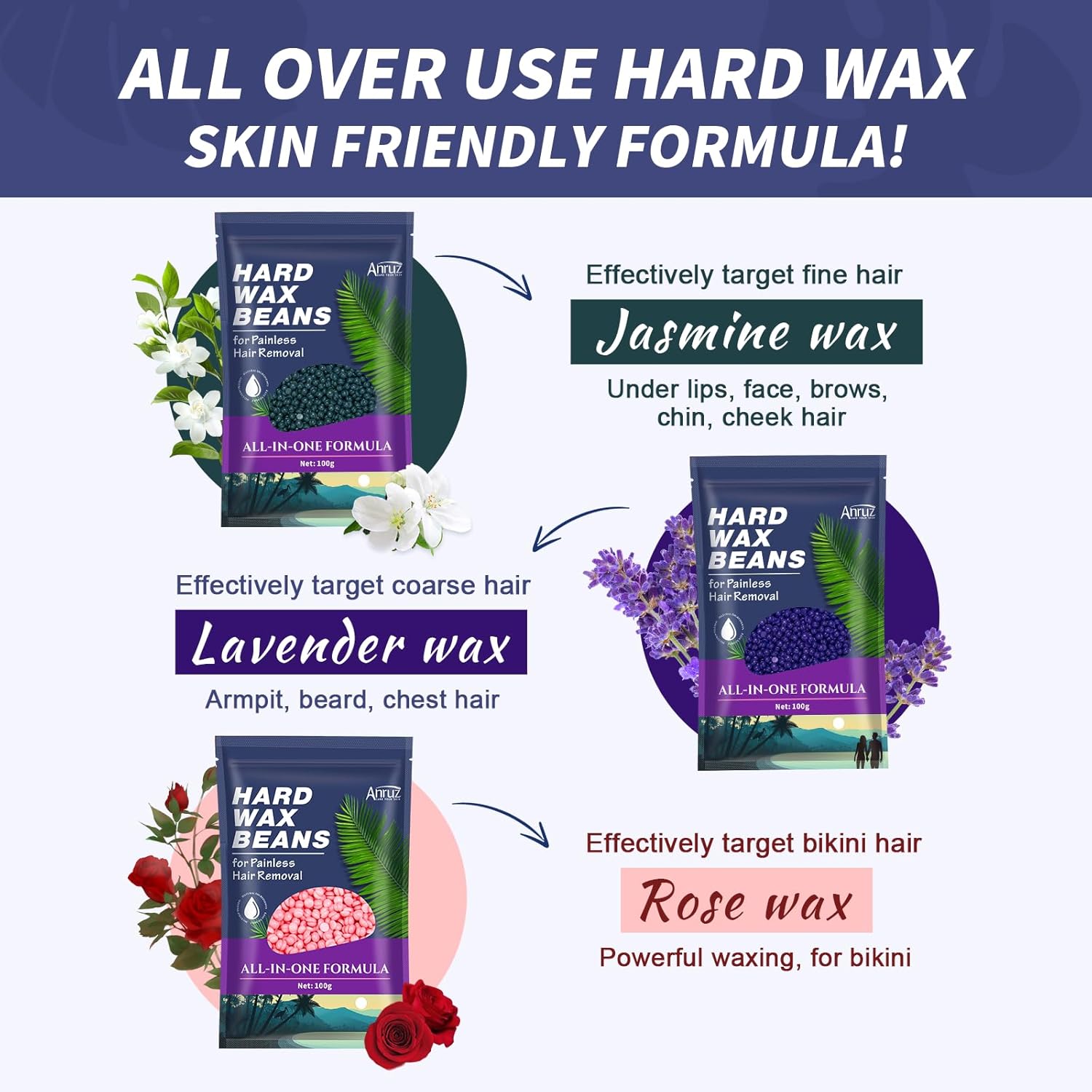 Thumbnail 1 de ANRUZ Waxing Kit (500 ml) with Silicone Bowl, 4 Bags Hard Wax Beads and 30 Wax Sticks