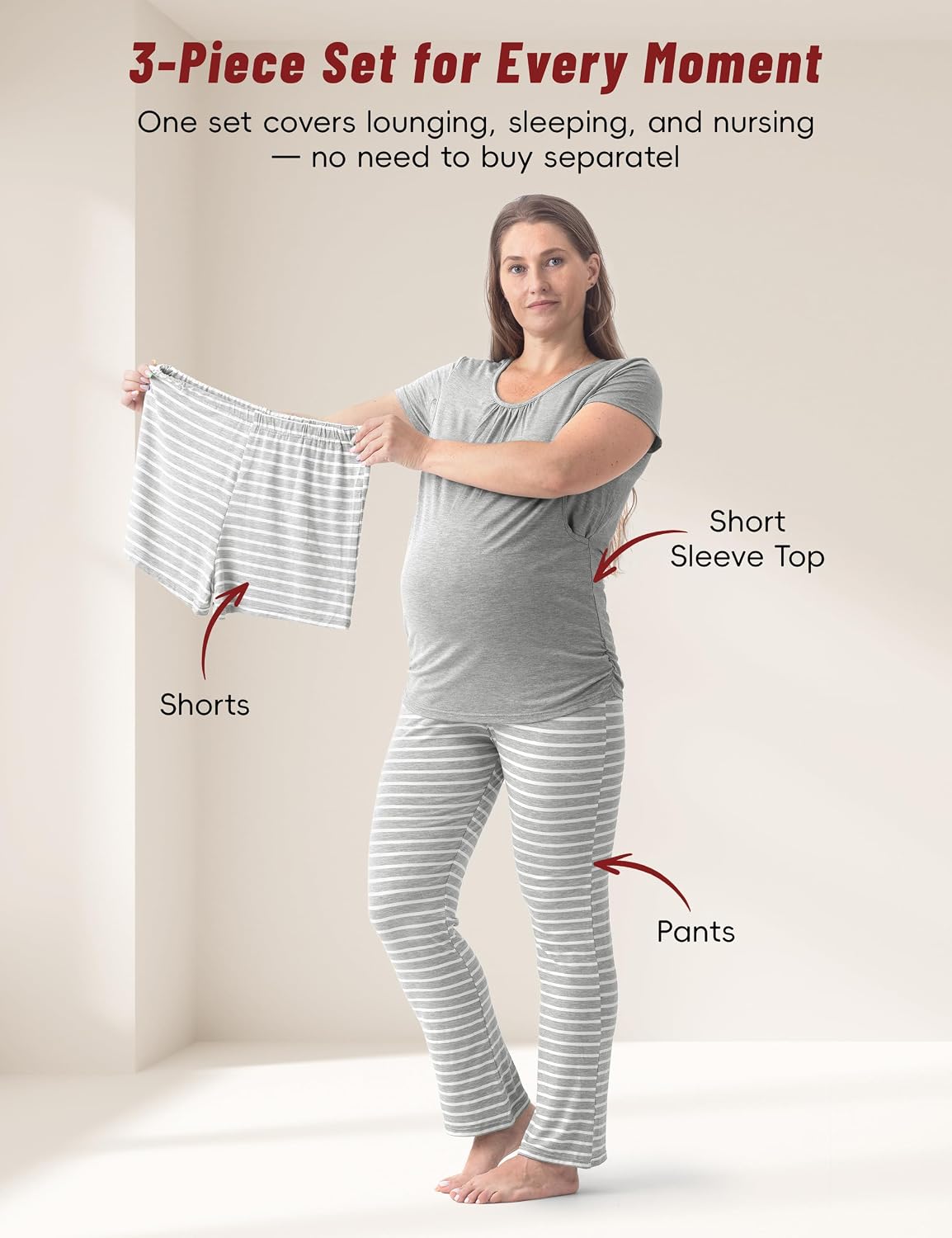 Detalle de SUNNYBUY 3-teiliges Stillpyjama-Set für Damen – Kurzarm-Stillshirts, Umstandsshorts und Bauch-Hose