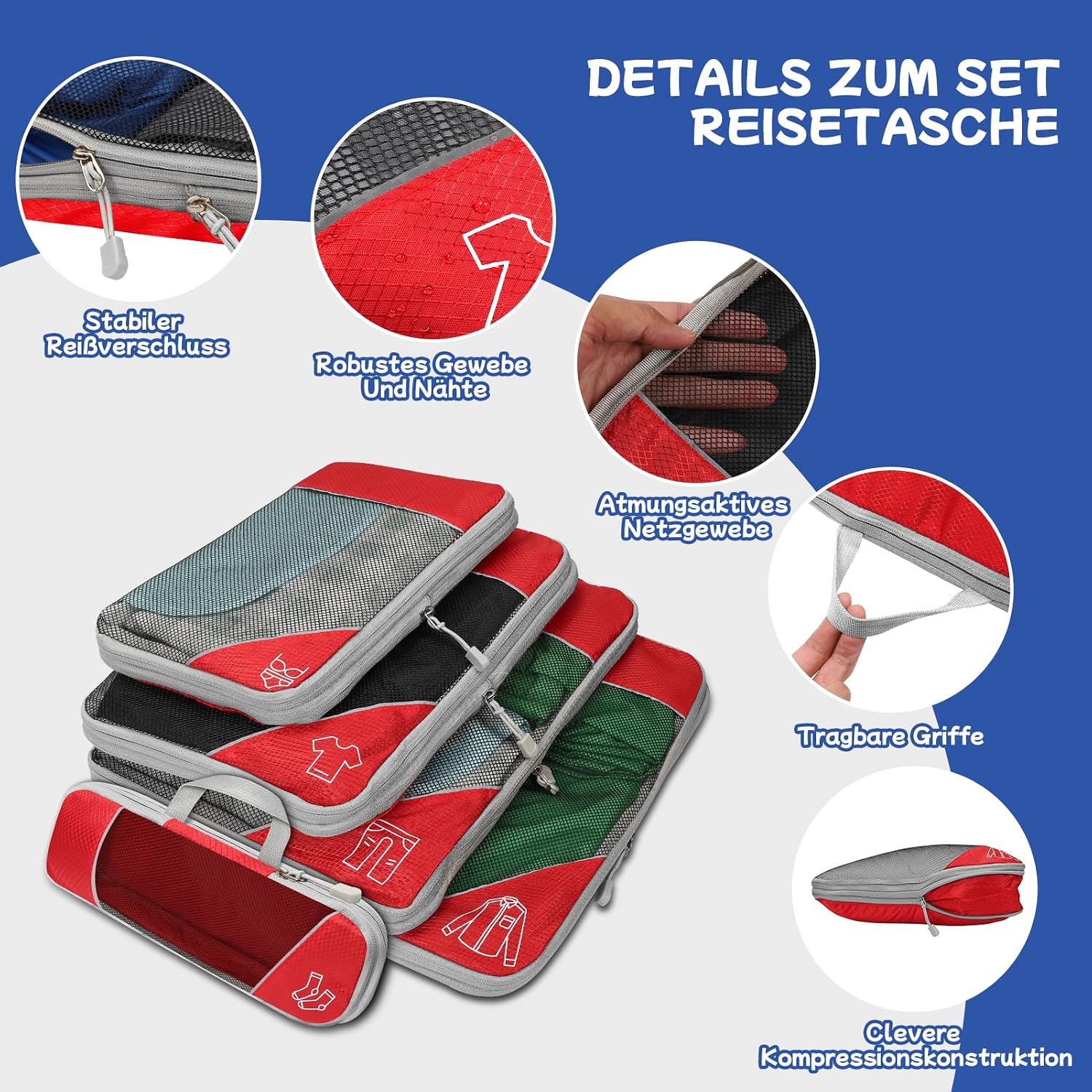 Thumbnail 4 de 5-teiliges Kompressions Packwürfel-Set für Reisen – Ultraleichte Koffer-Organizer aus Ripstop-Polyester (Rot)