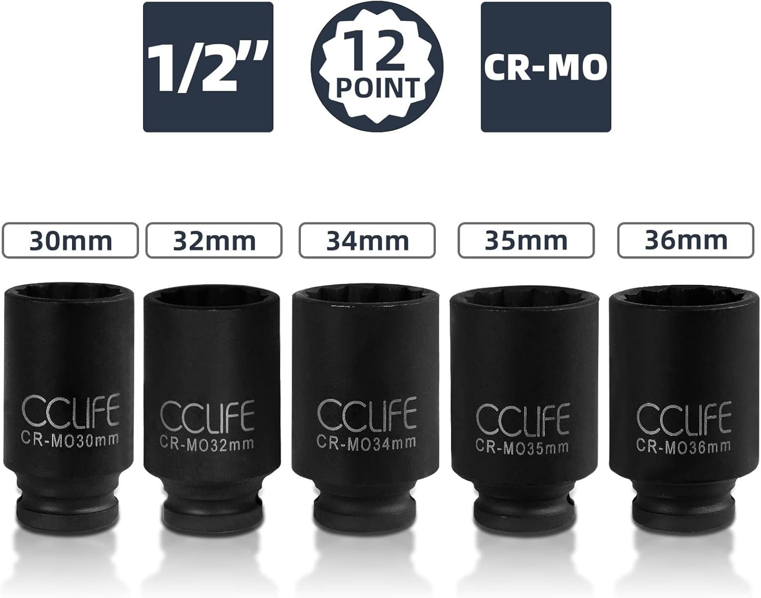 Thumbnail 1 de CCCLIFE Coffret de douilles clé à choc 1/2" (8 pièces) CR-Mo : 30/32/34/35/36 mm en mallette