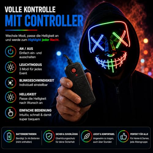Detalle de TK Gruppe Timo Klingler LED-Gruselmaske mit Fernbedienung, drei Farben