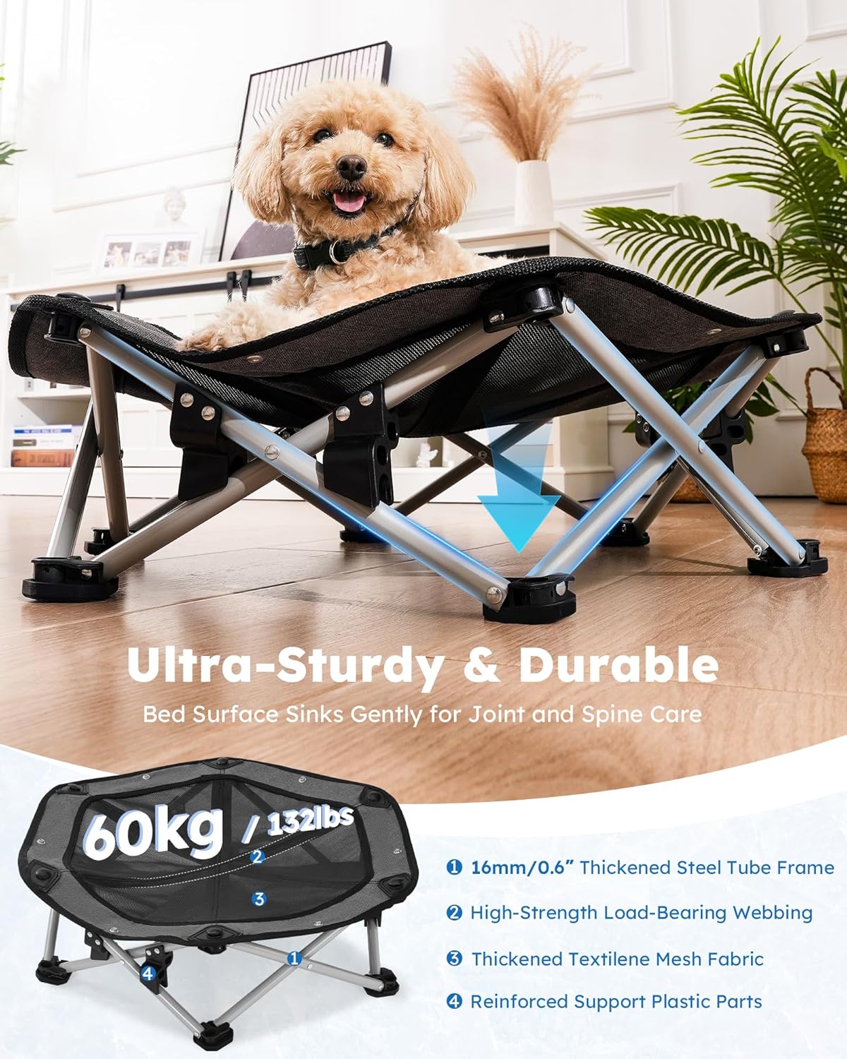 Detalle de pecute Dog Cooling Mat on Elevated Dog Bed — 3-Sec Pop-Up Raised Bed, Outdoor Cooling for Dogs