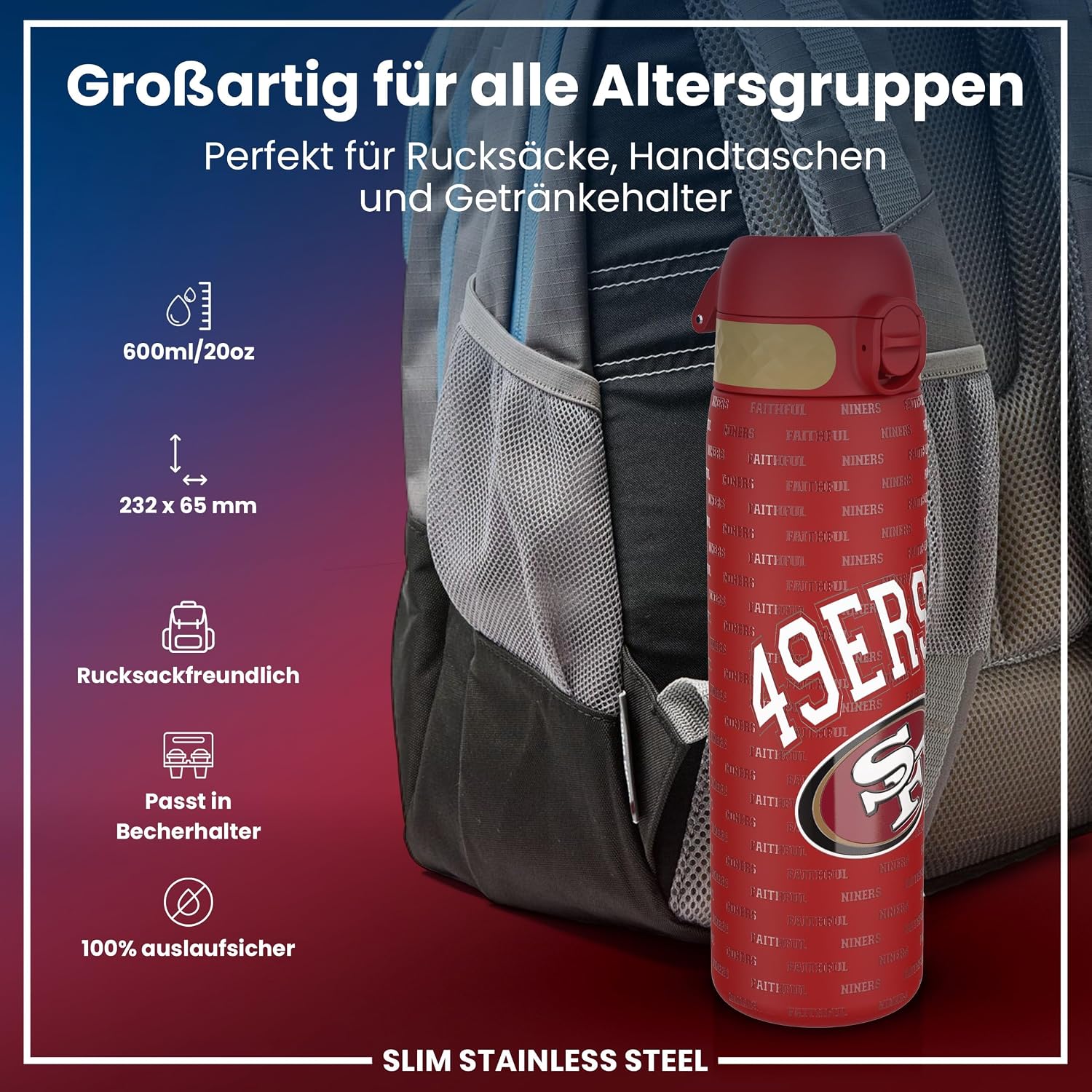 Thumbnail 1 de ion8 NFL Edelstahl-Trinkflasche – Auslaufsicher, Einhandöffnung, Spülmaschinenfest