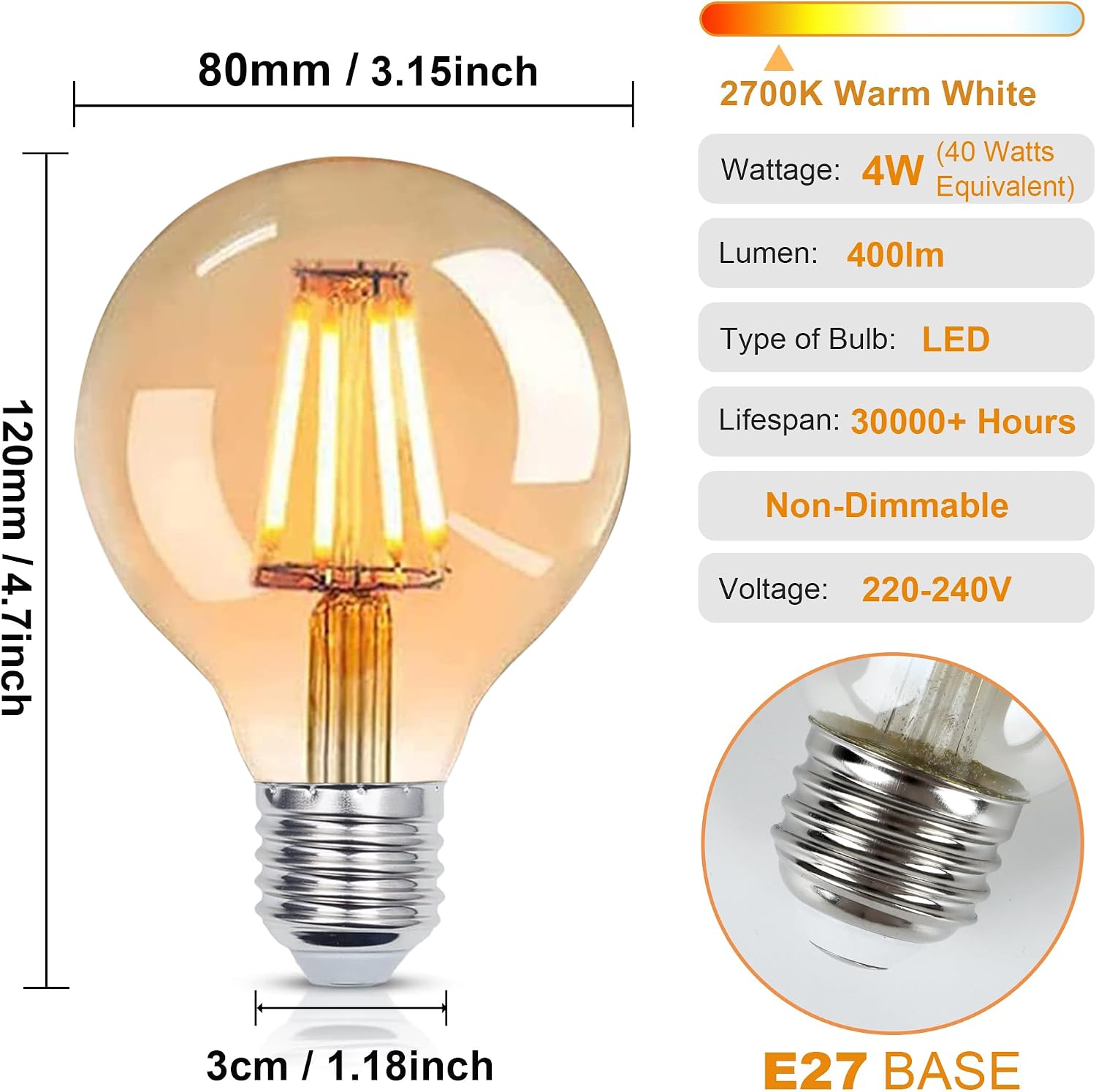 Detalle 2 de YUNRRD Vintage Light Bulb E27 LED Edison (G80) 4W, 2700K Warm White, Amber Glass, 400lm – Pack of 2