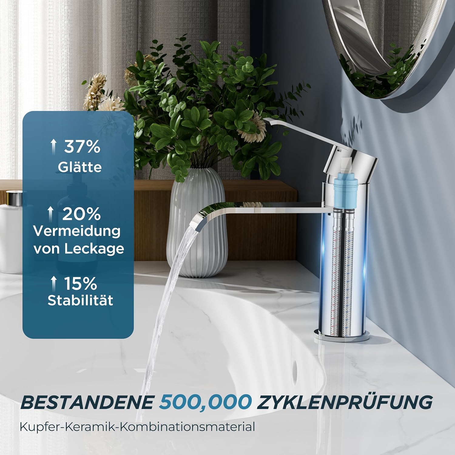 Thumbnail 3 de FORIOUS Bad-Wasserhahn mit Ablaufgarnitur & Einhebelmischer (schwarz) – Waschtischarmatur für wassersparenden Wasserfallfluss