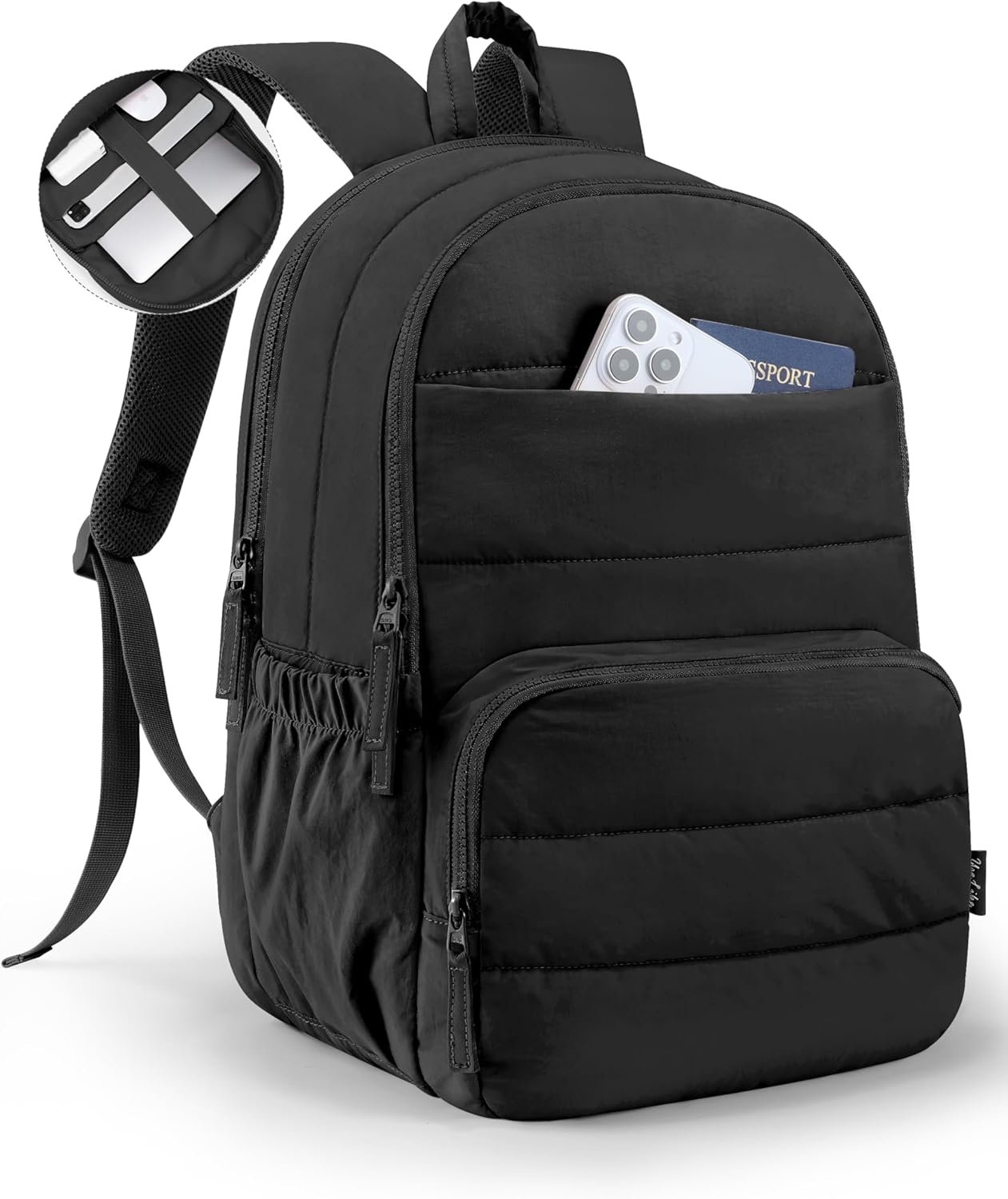 Detalle de Uselike Travel Backpack for Women — 15.6 Inch Laptop, Quilted, Water-Resistant (Black)