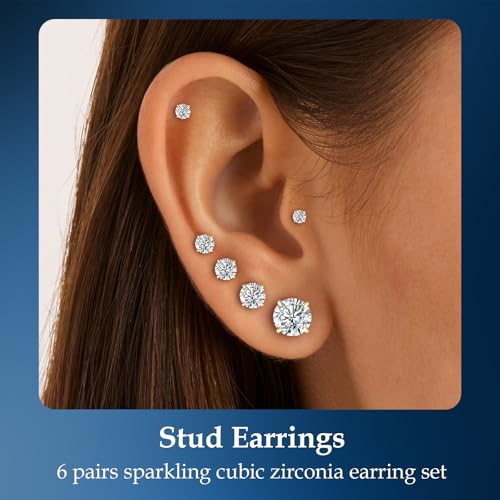 Detalle de Sweetkiki 6 Pairs Gold Stud Earrings Set – Hypoallergenic Stainless Steel with Cubic Zirconia
