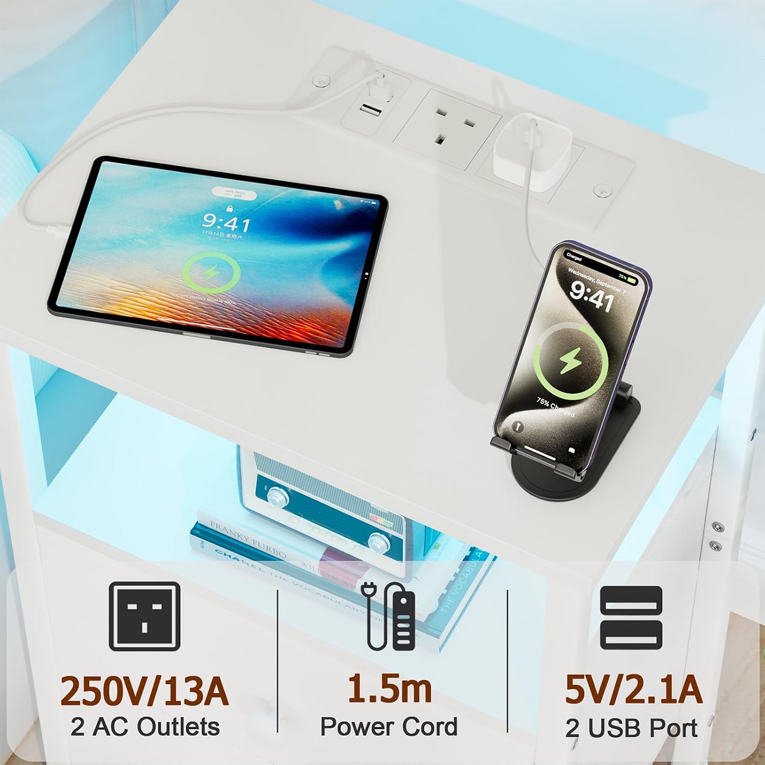 Detalle 2 de LOAKEKEL UHETS02WT-1 bedside table with charging station
